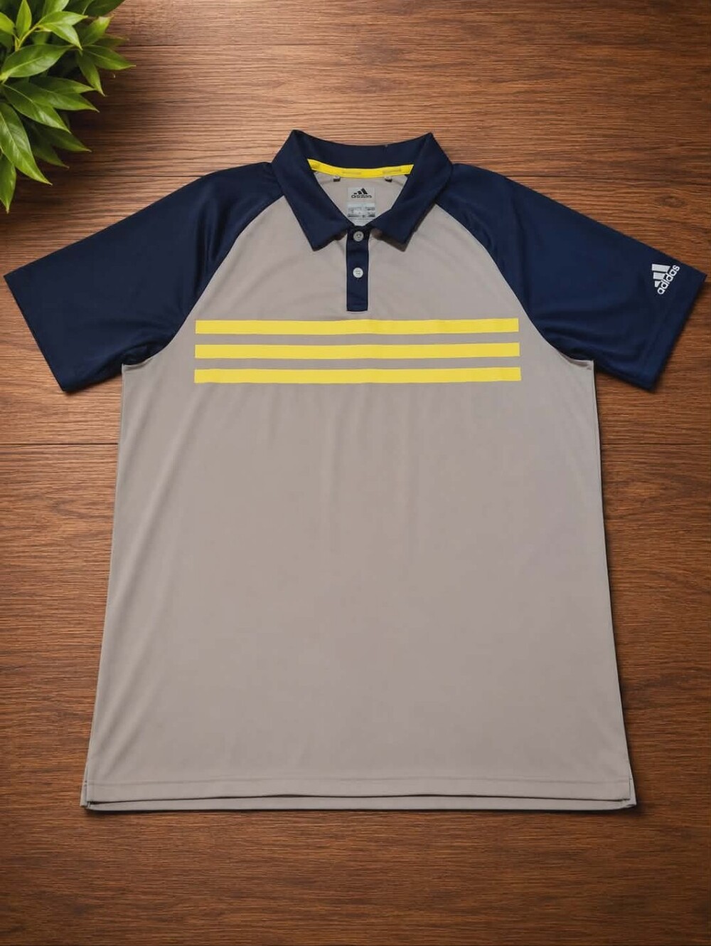 Adidas X-Large Navy and Gray Polo Shirt with Yellow Stripes